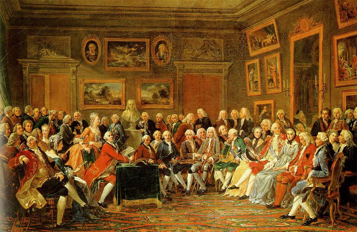 Voltaire, Denis Diderot, Jean le Rond d’Alembert ve Jean-Jacques Rousseau gibi dönemin önemli isimlerinin katıldığı 1755’te Madame Geoffrin’in salonunda bir toplantı